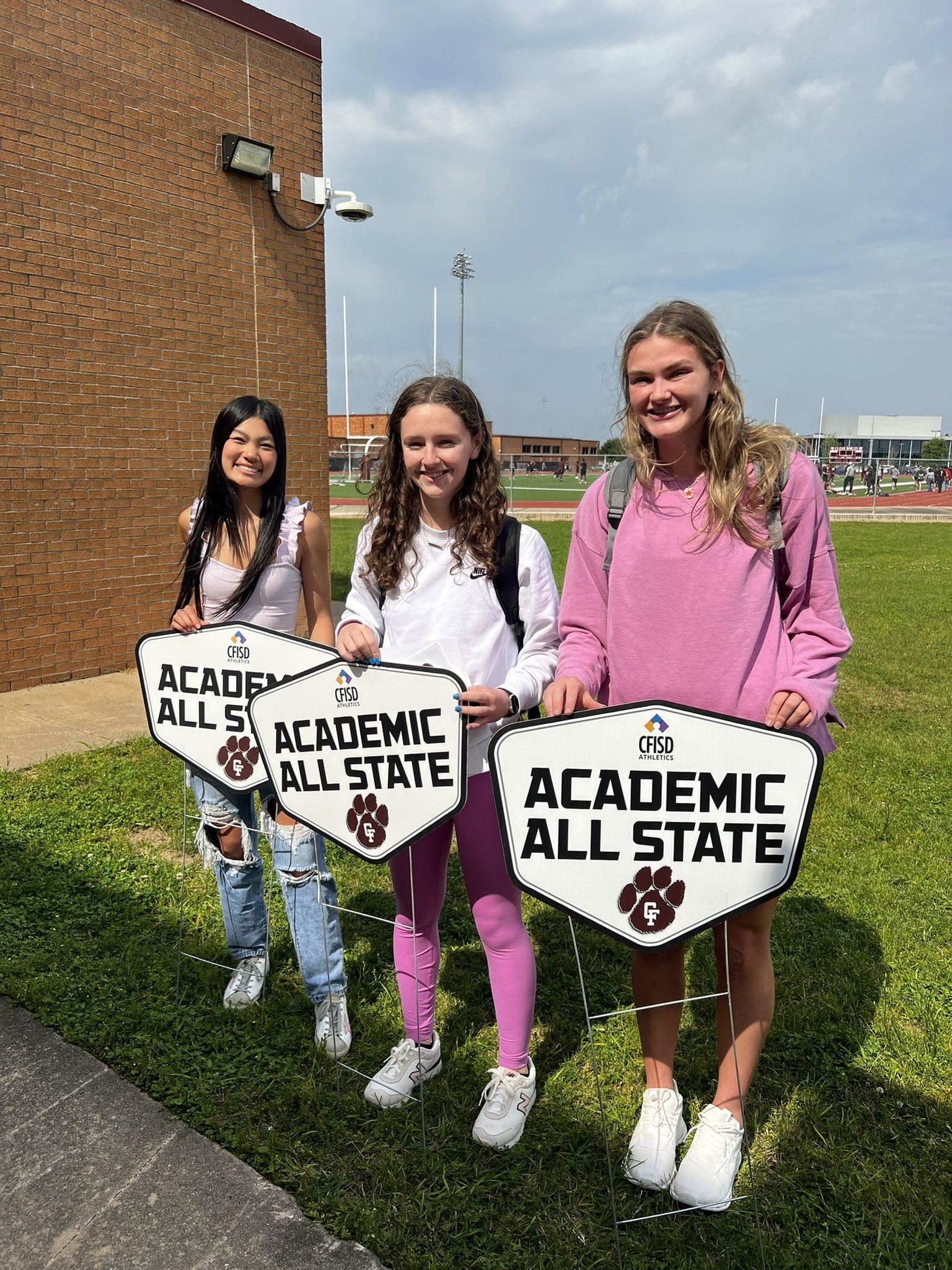 Cy-Fair seniors Hailey Nguyen, Laney Lyle and Anna Farrell were among 26 CFISD student-athletes named academic all-state.
